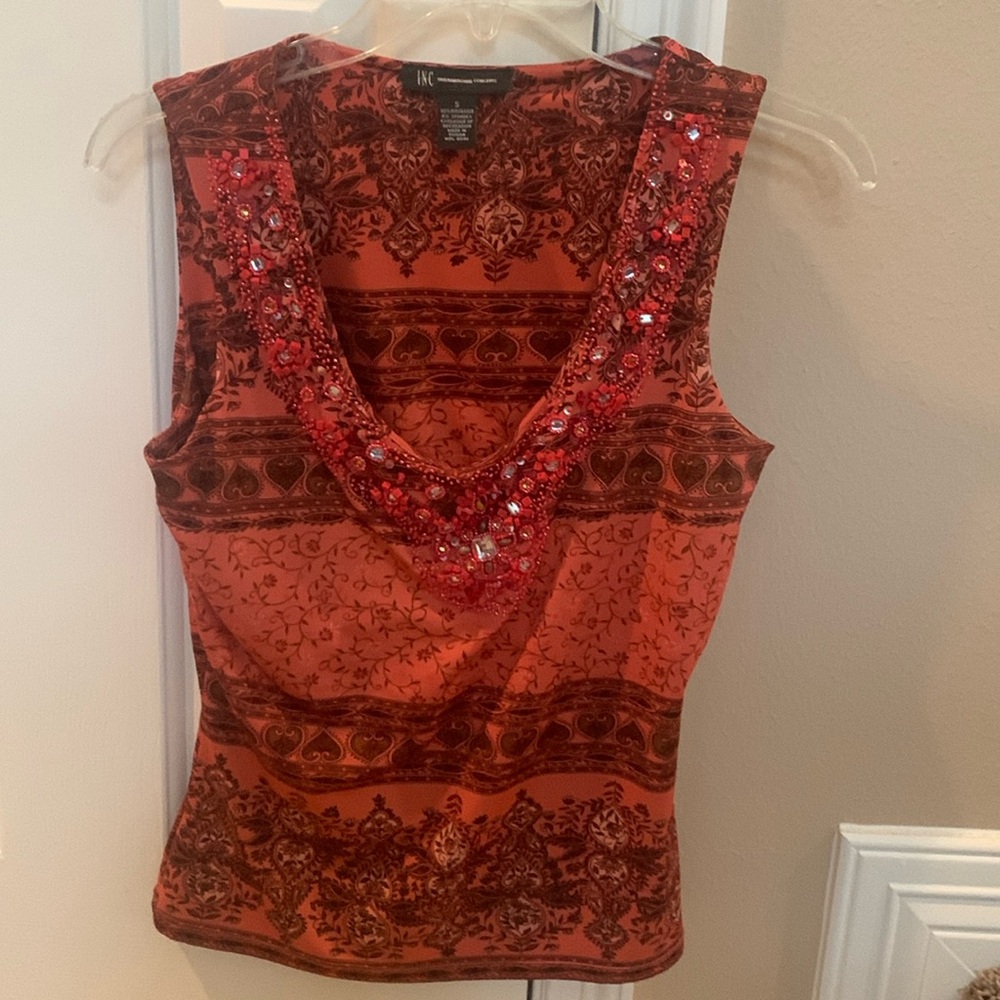 Embellished Orange Fitted Tank Top